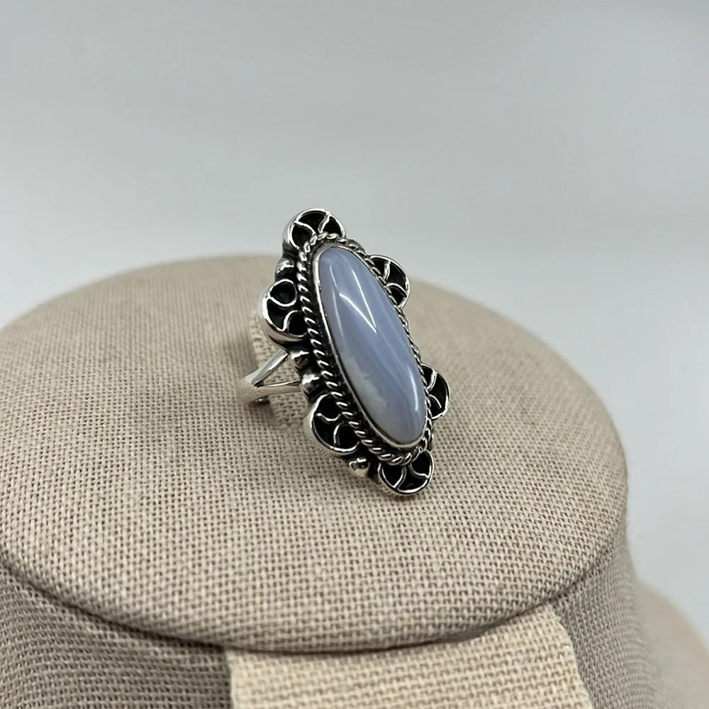 💍 Vintage CII Mexico Sterling Silver Blue Lace Agate Ring - Size 7, 10.5g - Picture 3 of 15